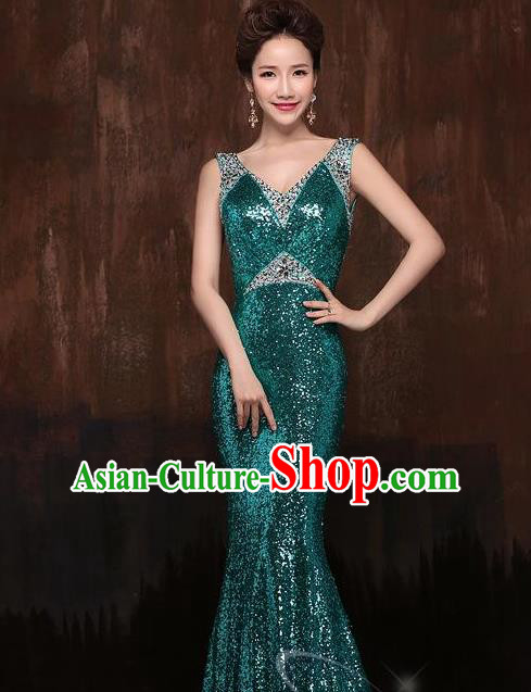 Top Stage Show Chorus Costumes Catwalks Compere Green Paillette Full Dress for Women