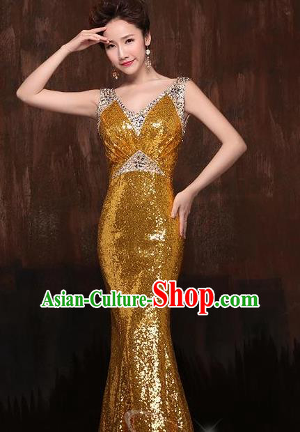Top Stage Show Chorus Costumes Catwalks Compere Golden Paillette Full Dress for Women