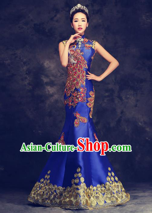 Chinese Traditional Elegant Wedding Qipao Dress Classical Costume Royalblue Mermaid Cheongsam for Women