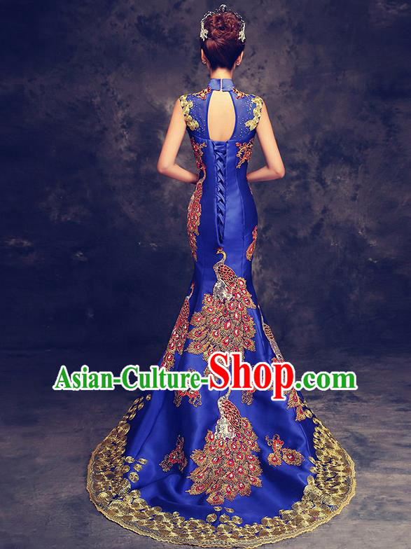 Chinese Traditional Elegant Wedding Qipao Dress Classical Costume Royalblue Mermaid Cheongsam for Women