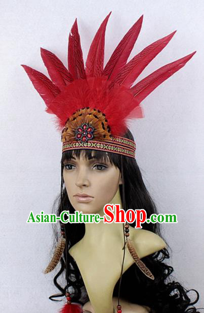 Top Halloween Apache Knight Red Feather Hair Clasp Carnival Catwalks Primitive Tribe Headwear
