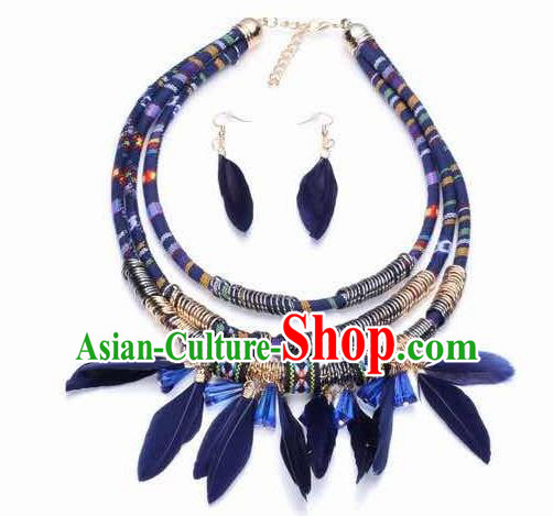 Handmade Blue Feather Necklace Stage Show Necklet and Earrings Accessories for Women