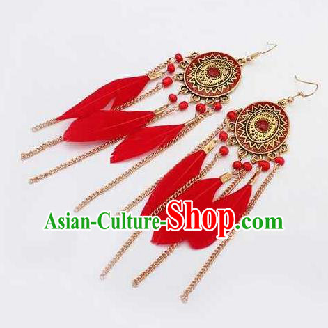 Handmade Stage Show Red Feather Earrings Halloween Dance Ear Accessories for Women