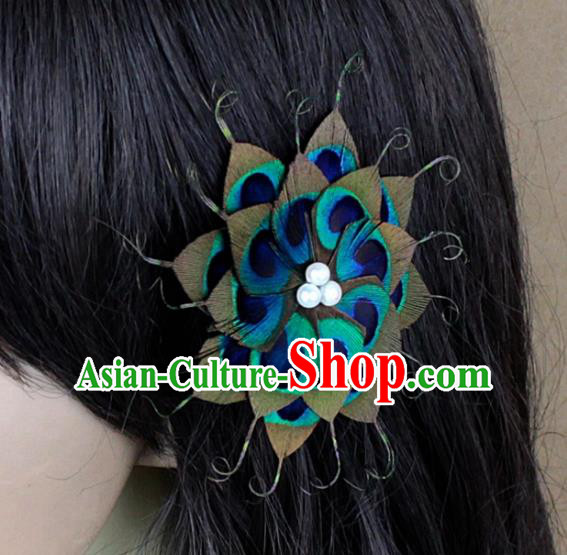 Handmade Green Feather Hair Accessories Stage Show Peacock Feather Hair Claw for Women