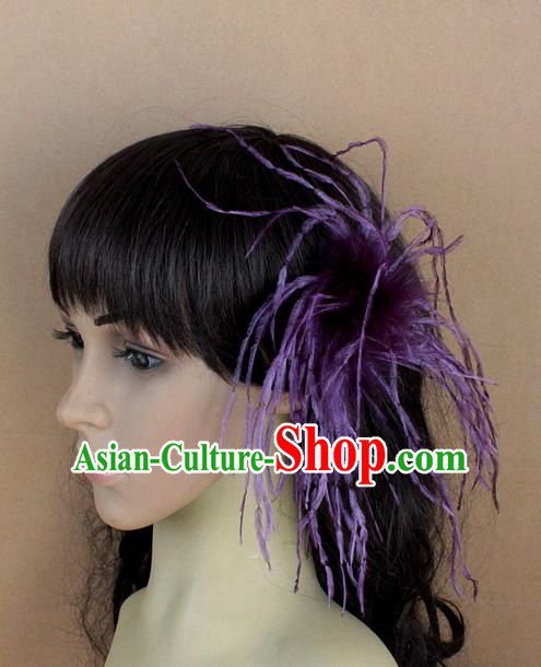 Handmade Carnival Purple Ostrich Feather Hair Claw Miami Stage Show Feather Hair Accessories for Women
