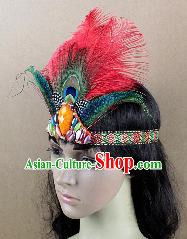 Top Rio Carnival Dance Red Feather Hair Accessories Primitive Tribe Apache Knight Headwear for Adults