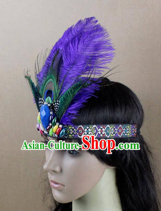 Top Rio Carnival Dance Purple Feather Hair Accessories Primitive Tribe Apache Knight Headwear for Adults