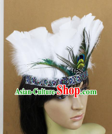 Top Rio Carnival White Feather Hair Accessories Halloween Cosplay Primitive Tribe Apache Knight Hat for Adults