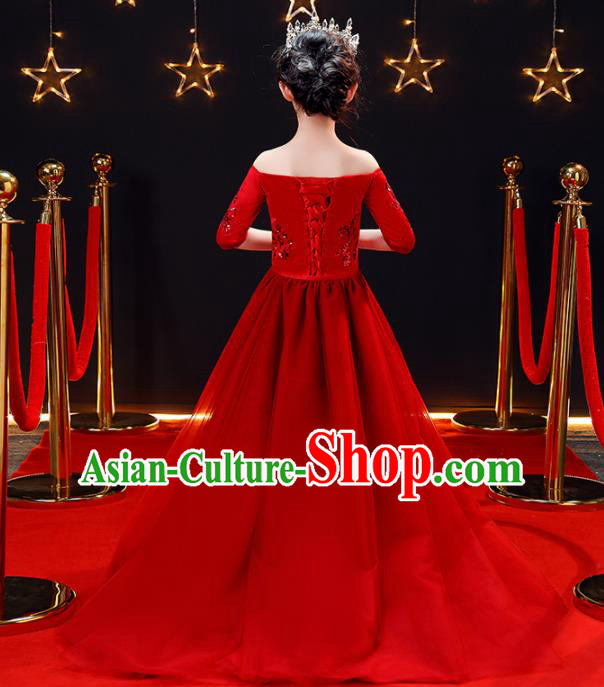 Top Modern Dance Costume Children Opening Dance Compere Performance Red Full Dress for Girls Kids