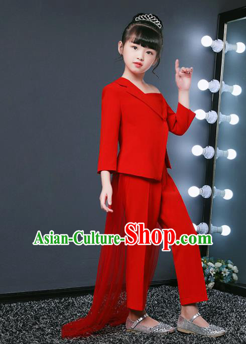 Children Modern Dance Costume Opening Dance Compere Catwalks Performance Red Suits for Girls Kids