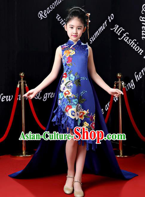 Children Modern Dance Costume Opening Dance Compere Catwalks Royalblue Qipao Dress for Girls Kids