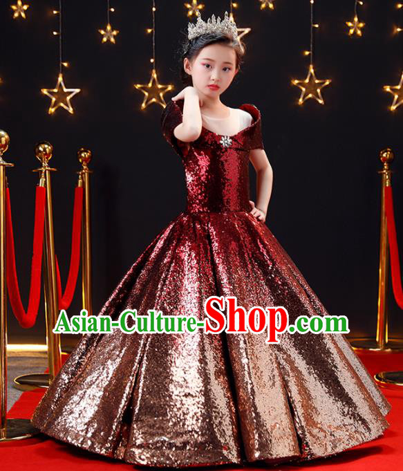 Top Modern Dance Costume Children Opening Dance Compere Performance Wine Red Full Dress for Girls Kids