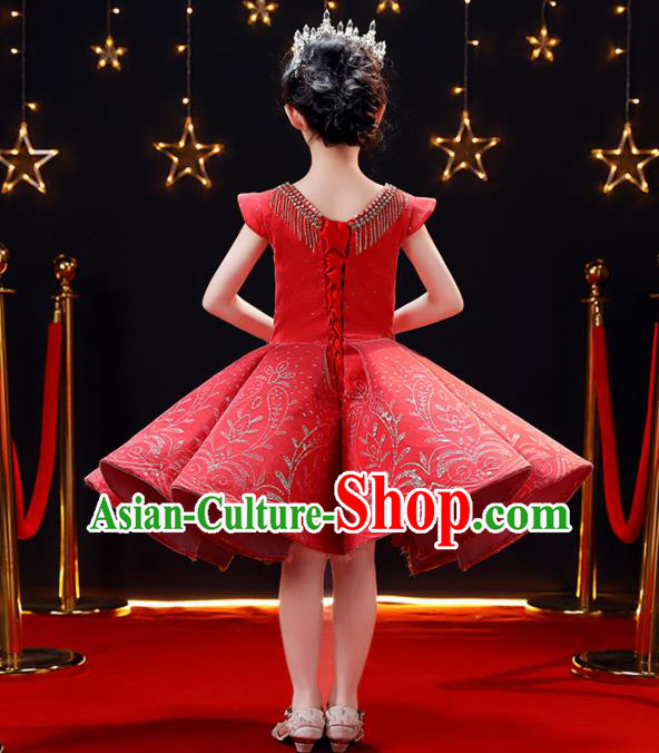 Top Modern Dance Costume Children Opening Dance Compere Catwalks Performance Red Bubble Full Dress for Girls Kids