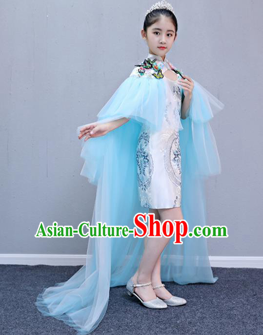 Children Modern Dance Costume Court Dance Compere Blue Veil Full Dress for Girls Kids