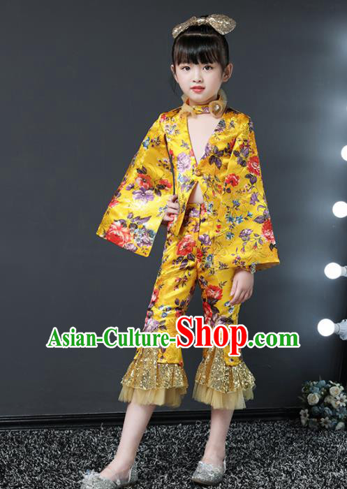 Children Modern Dance Costume Stage Performance Compere Yellow Suits for Girls Kids