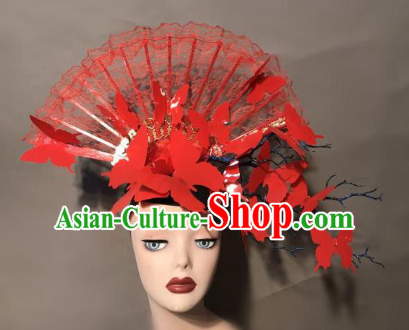 Top Chinese Stage Show Red Lace Fan Hair Accessories Halloween Fancy Dress Ball Headdress for Women
