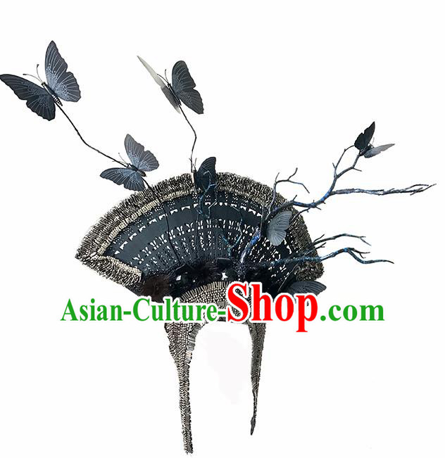 Top Chinese Stage Show Black Fan Butterfly Hair Accessories Halloween Fancy Dress Ball Headdress for Women