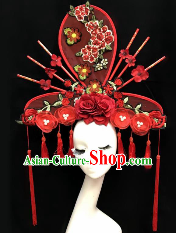 Top Chinese Stage Show Red Flowers Tassel Hair Accessories Halloween Fancy Dress Ball Headdress for Women