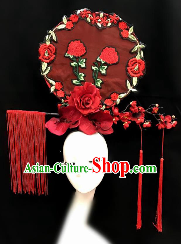 Top Chinese Stage Show Red Peony Flowers Tassel Hair Accessories Halloween Fancy Dress Ball Headdress for Women