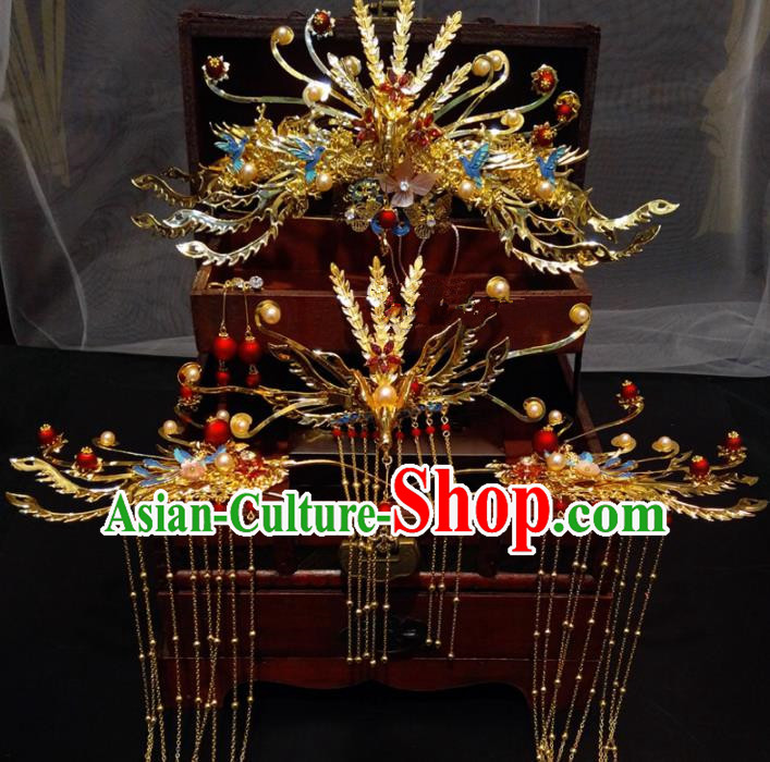 Top Chinese Traditional Golden Phoenix Coronet Wedding Hair Accessories Classical Hairpins Headdress for Women