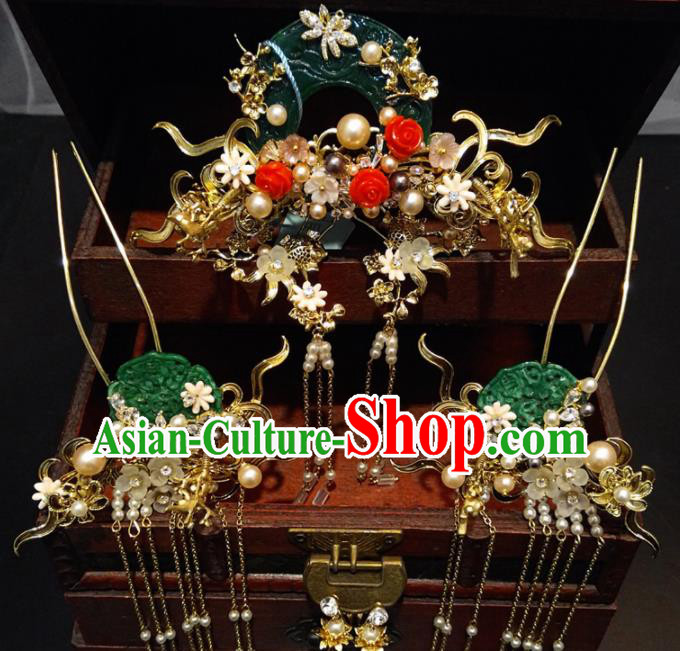 Top Chinese Traditional Wedding Jade Phoenix Coronet Classical Hairpins Headdress for Women
