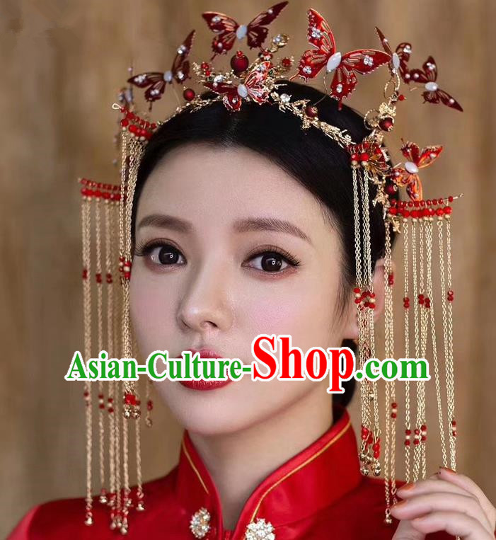 Top Chinese Traditional Wedding Red Butterfly Phoenix Coronet Hair Accessories Ancient Palace Hairpins Complete Set for Women