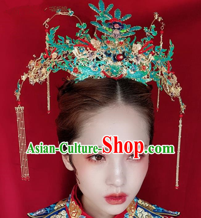 Top Chinese Traditional Hair Accessories Ancient Wedding Cloisonne Phoenix Coronet Palace Hairpins Complete Set for Women