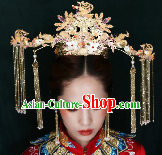 Top Chinese Traditional Hair Accessories Ancient Wedding Golden Phoenix Coronet Palace Hairpins Complete Set for Women