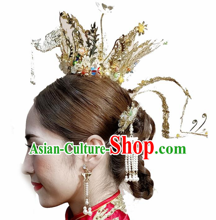 Top Chinese Traditional Palace Hair Accessories Ancient Golden Phoenix Coronet Hairpins Complete Set for Women
