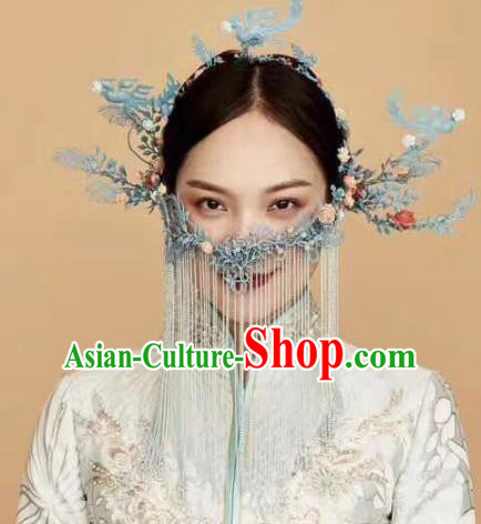 Top Chinese Traditional Palace Hair Accessories Ancient Blue Phoenix Coronet Hairpins Complete Set for Women