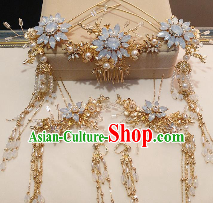 Top Chinese Traditional Wedding Hair Accessories Ancient Opal Hair Combs Hairpins Complete Set for Women