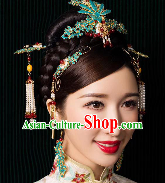 Top Chinese Ancient Traditional Cloisonne Hair Accessories Wedding Phoenix Coronet Hairpins Complete Set for Women