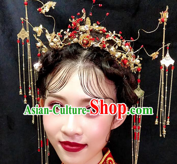 Top Chinese Traditional Wedding Hair Accessories Ancient Red Tassel Phoenix Coronet Hairpins Complete Set for Women