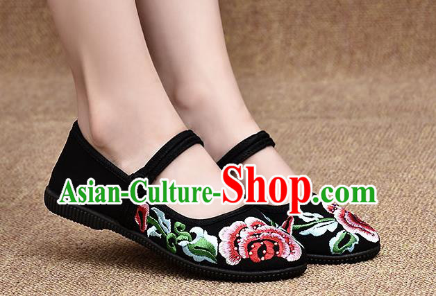 Chinese Shoes Wedding Shoes Traditional Embroidered Peony Shoes Bride Black Shoes for Women