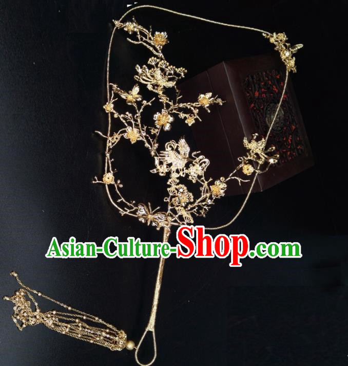 Chinese Traditional Wedding Accessories Classical Bride Golden Cranes Palace Fan for Women