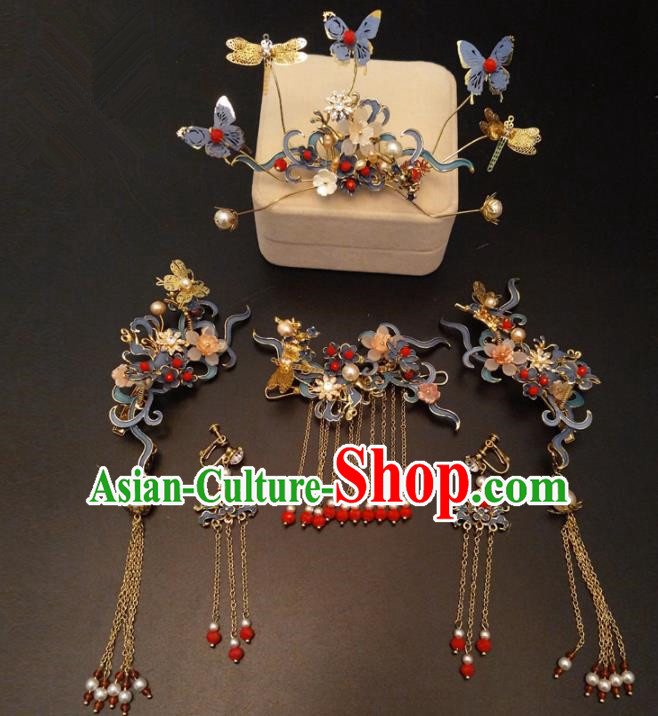 Top Chinese Traditional Wedding Hair Accessories Classical Phoenix Coronet Blue Butterfly Hairpins Headdress for Women