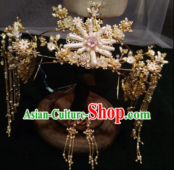 Top Chinese Traditional Wedding Hair Accessories Classical Pearls Phoenix Coronet Hairpins Headdress for Women