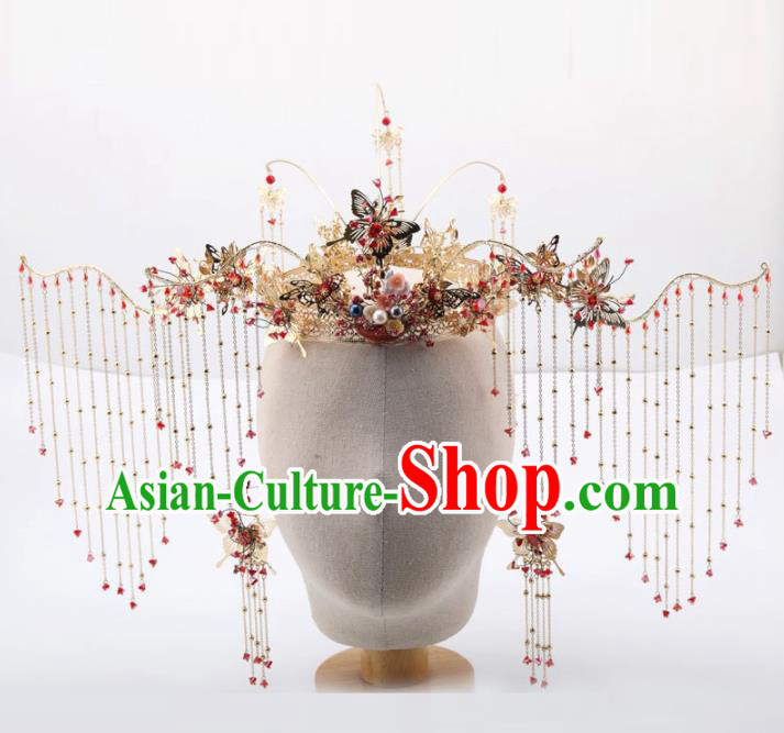 Top Chinese Traditional Wedding Hair Accessories Ancient Palace Red Tassel Phoenix Coronet Hairpins for Women