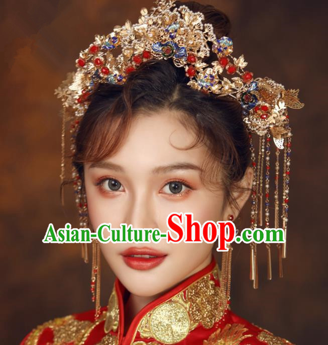 Top Chinese Traditional Wedding Hair Accessories Ancient Blueing Phoenix Coronet Hairpins Complete Set for Women
