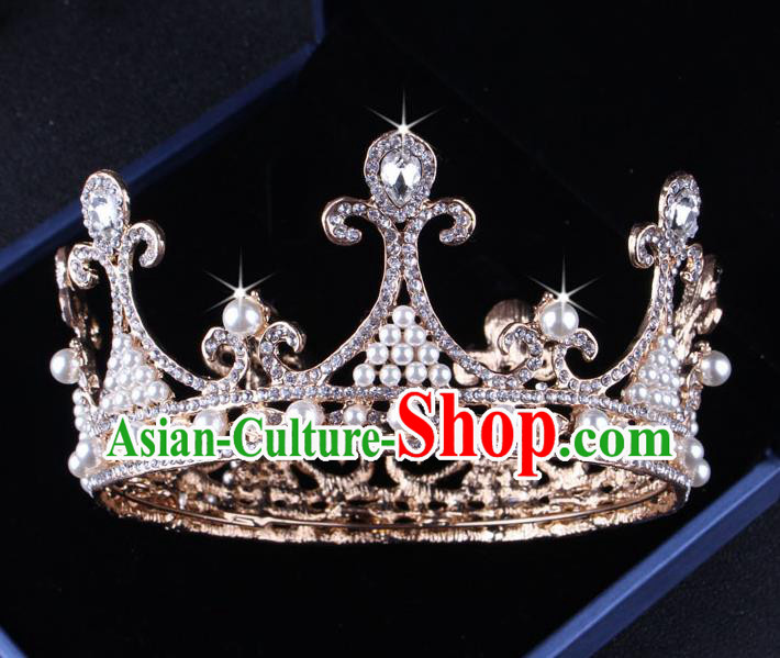 Top Grade Gothic Hair Accessories Crystal Pearls Round Royal Crown for Women