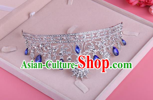 Top Grade Baroque Hair Accessories Catwalks Blue Crystal Zircon Royal Crown for Women