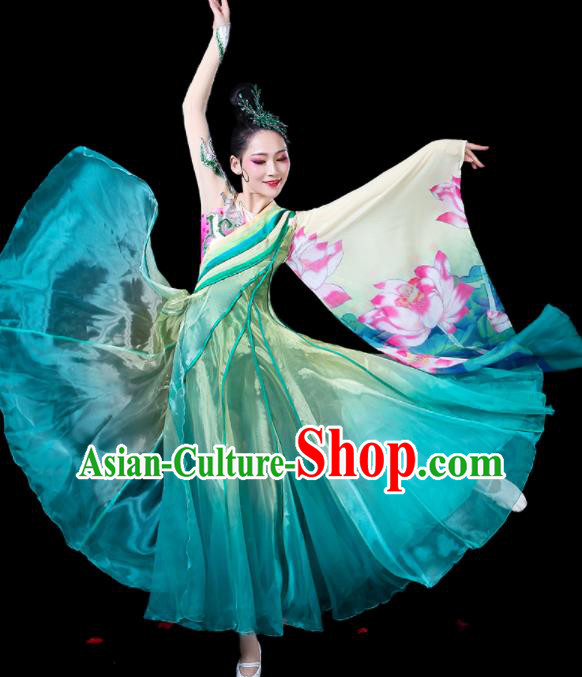 Chinese Traditional Classical Dance Costumes Fan Dance Printing Lotus Green Dress for Women