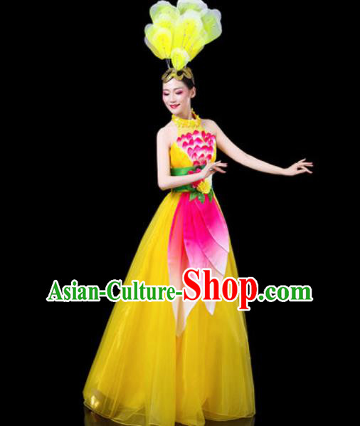 Top Grade Stage Show Chorus Costumes Group Dance Modern Dance Yellow Dress for Women