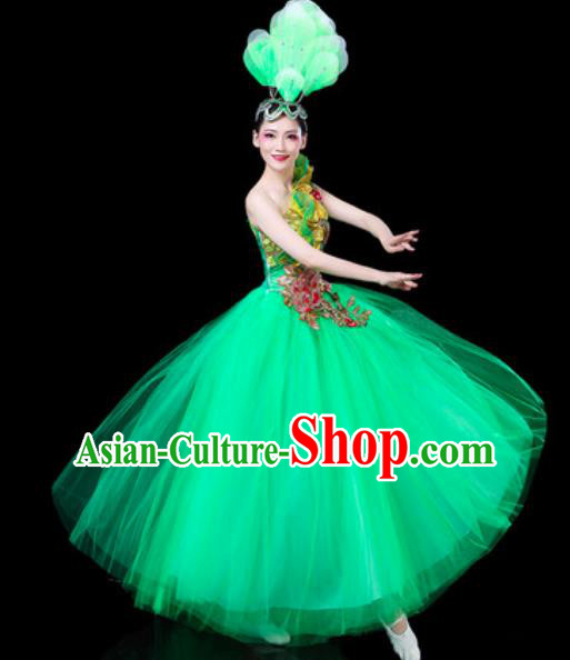 Top Grade Stage Show Chorus Costumes Group Dance Modern Dance Green Veil Dress for Women