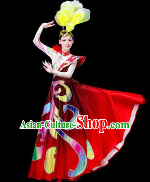 Top Grade Stage Show Chorus Costumes Group Dance Modern Dance Big Swing Red Dress for Women