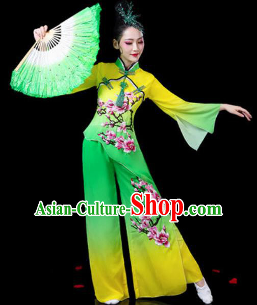 Chinese Traditional Folk Dance Yangko Costumes Fan Dance Drum Dance Green Clothing for Women