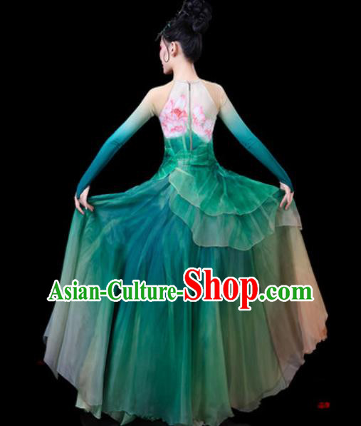 Chinese Classical Dance Umbrella Dance Costumes Traditional Lotus Dance Green Dress for Women
