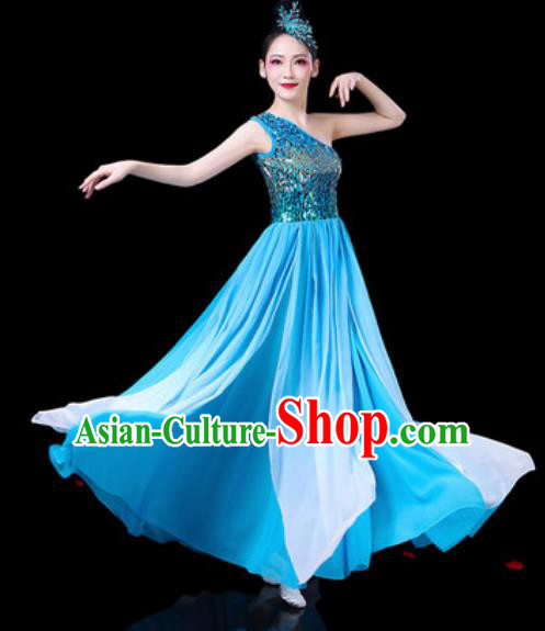 Chinese Classical Fan Dance Costumes Traditional Chorus Umbrella Dance Blue Dress for Women