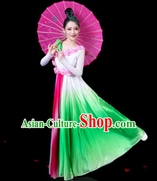 Chinese Classical Fan Dance Green Dress Traditional Chorus Umbrella Dance Costumes for Women