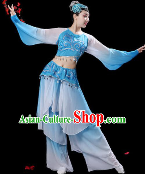 Chinese Classical Dance Umbrella Dance Blue Dress Traditional Fan Dance Costumes for Women